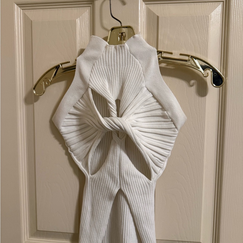 White Ribbed Halter Top with Twist Detail